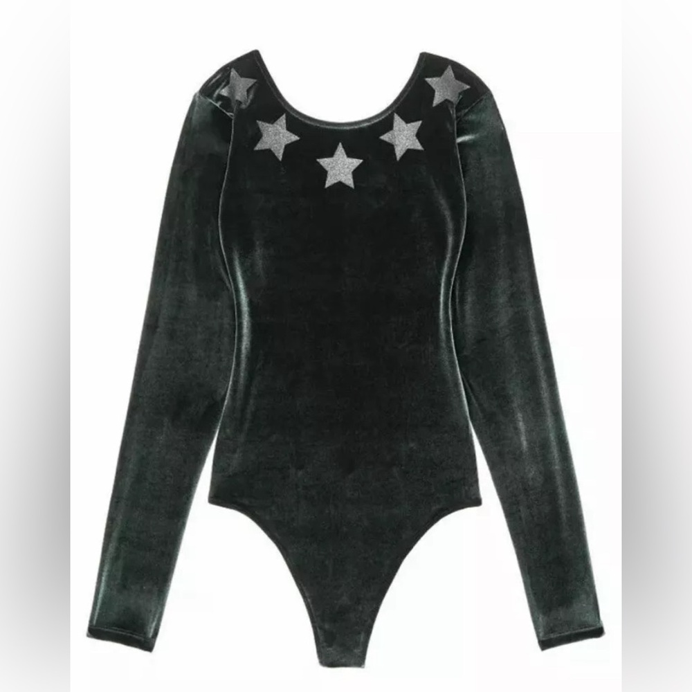 Victoria's Secret Sport Green Velvet Thong Bodysuit Glitter Stars-SZ L~NWOT